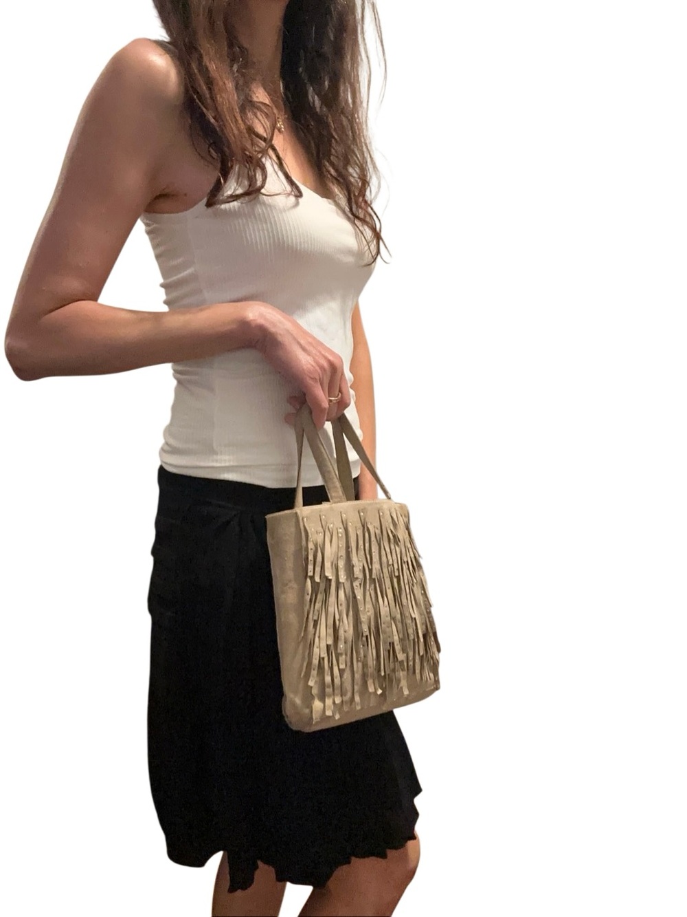 CHANEL Beige Suede Fringe Tote with Stud Details
